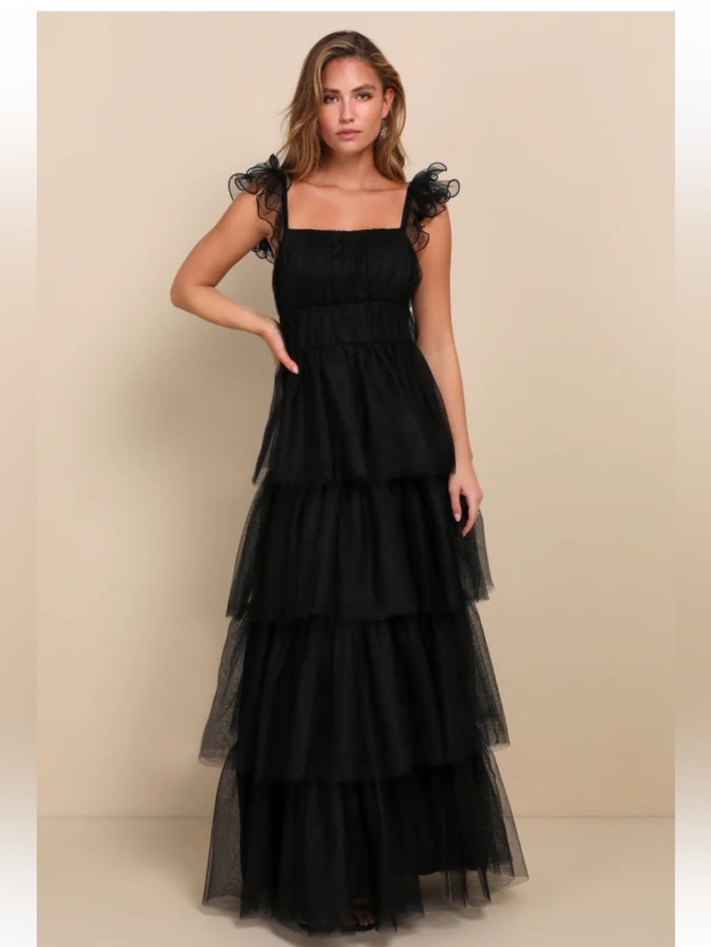 Lulus Tulle For Love Black Mesh Tulle Tiered Ruffled Maxi Dress size Large